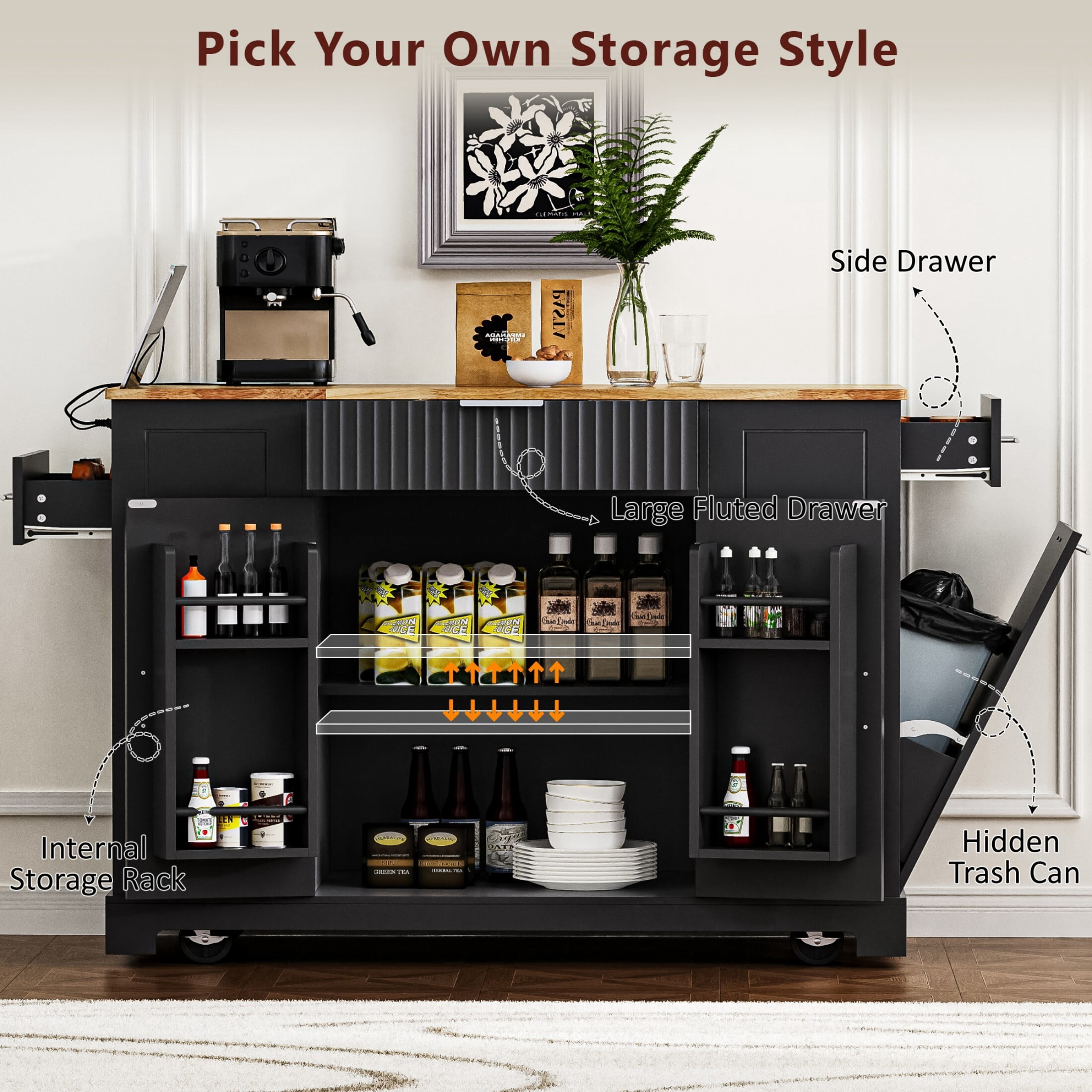 DEALTOPS 47.2'' Kitchen Island With Trash Can and Power Outlet, Rolling Kitchen Storage Cart with Open Shelves, Black