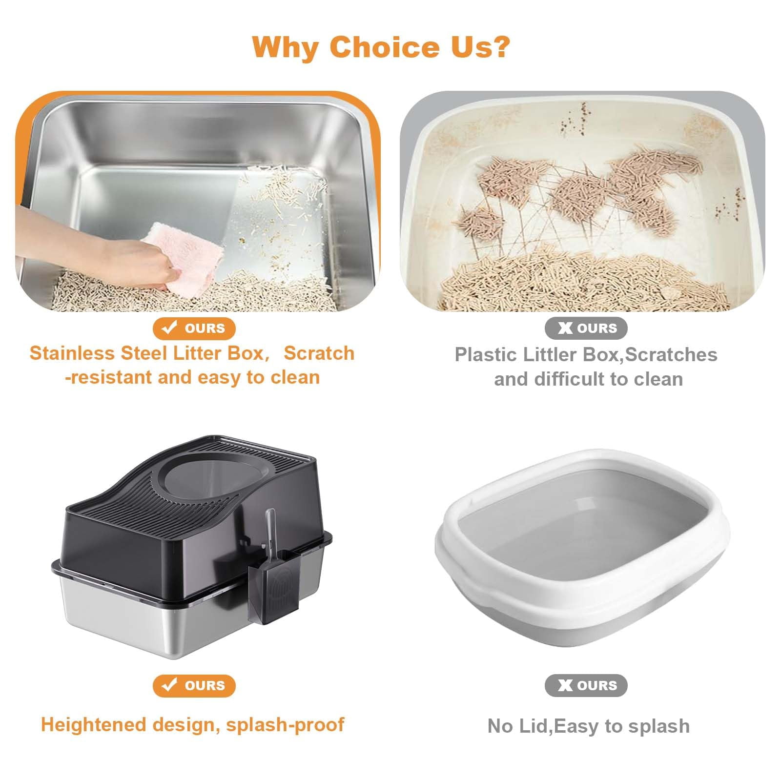 Yeshouse Stainless Steel Litter Box with Lid, Extra Large Enclosed Cat Litter Box for Big Cats, Anti-Leakage Metal Kitty Box with High Sided Enclosure Scoop Pedal & Non-Slip Mat Easy to Clean