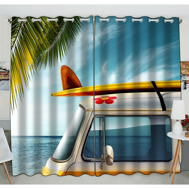 ABPHQTO Detalle Vintage Van Beach Surfboard Roof Grommet Blackout Cortina Cortinas de oscurecimiento de la habitación 130x210 cm (Dos piezas)