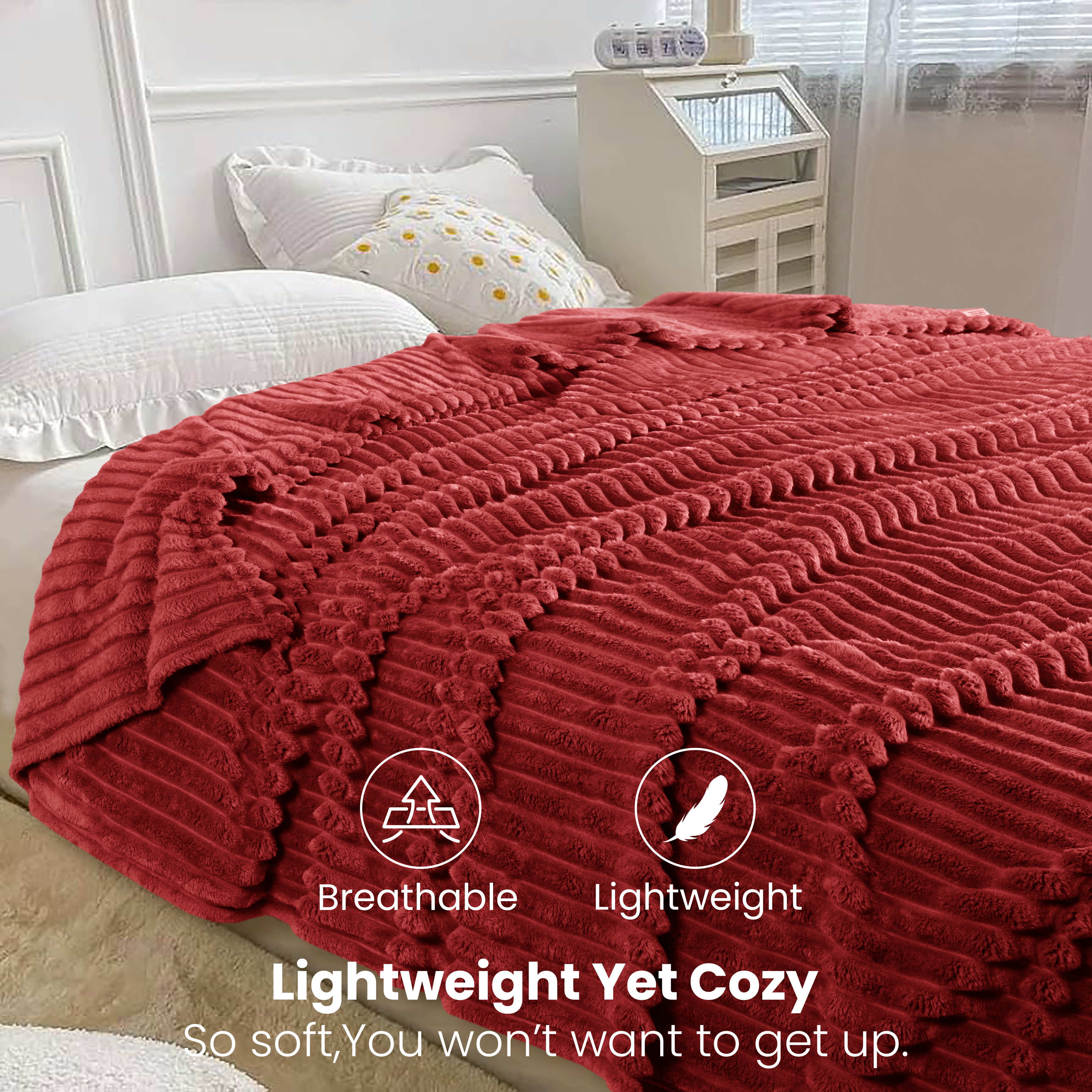 Oversized Queen Blanket for Bed (90”x100”), 400GSM Super Soft & Warm Fleece Throw Blankets for Bed, Couch, Sofa - 3D Ribbed Fluffy Lightweight Blanket All Season&nbsp;Use