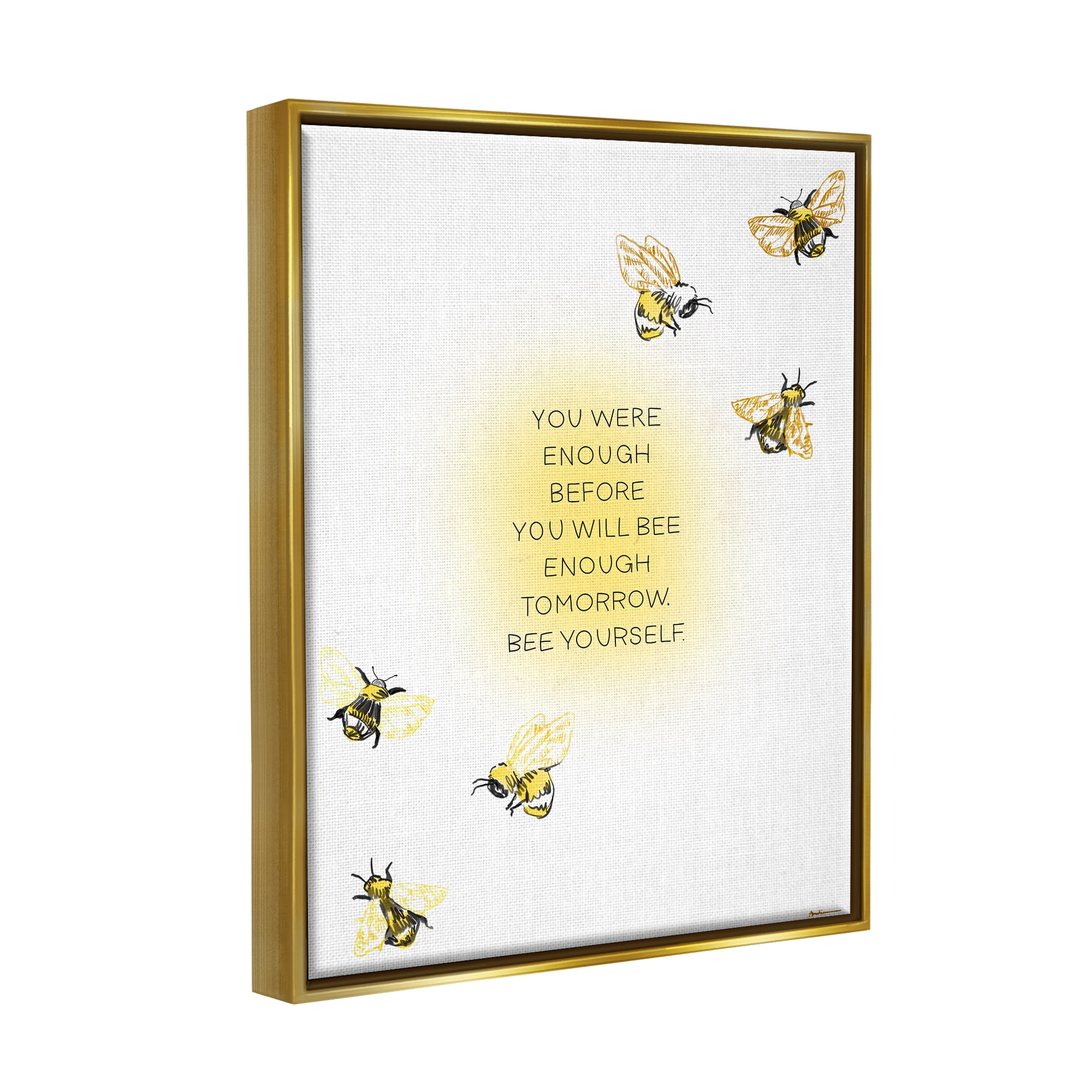 Stupell Industries Bee Yourself Phrase Animals & Insects Painting Gold Floater Framed Canvas Art Print Wall Art, 17 x 21
