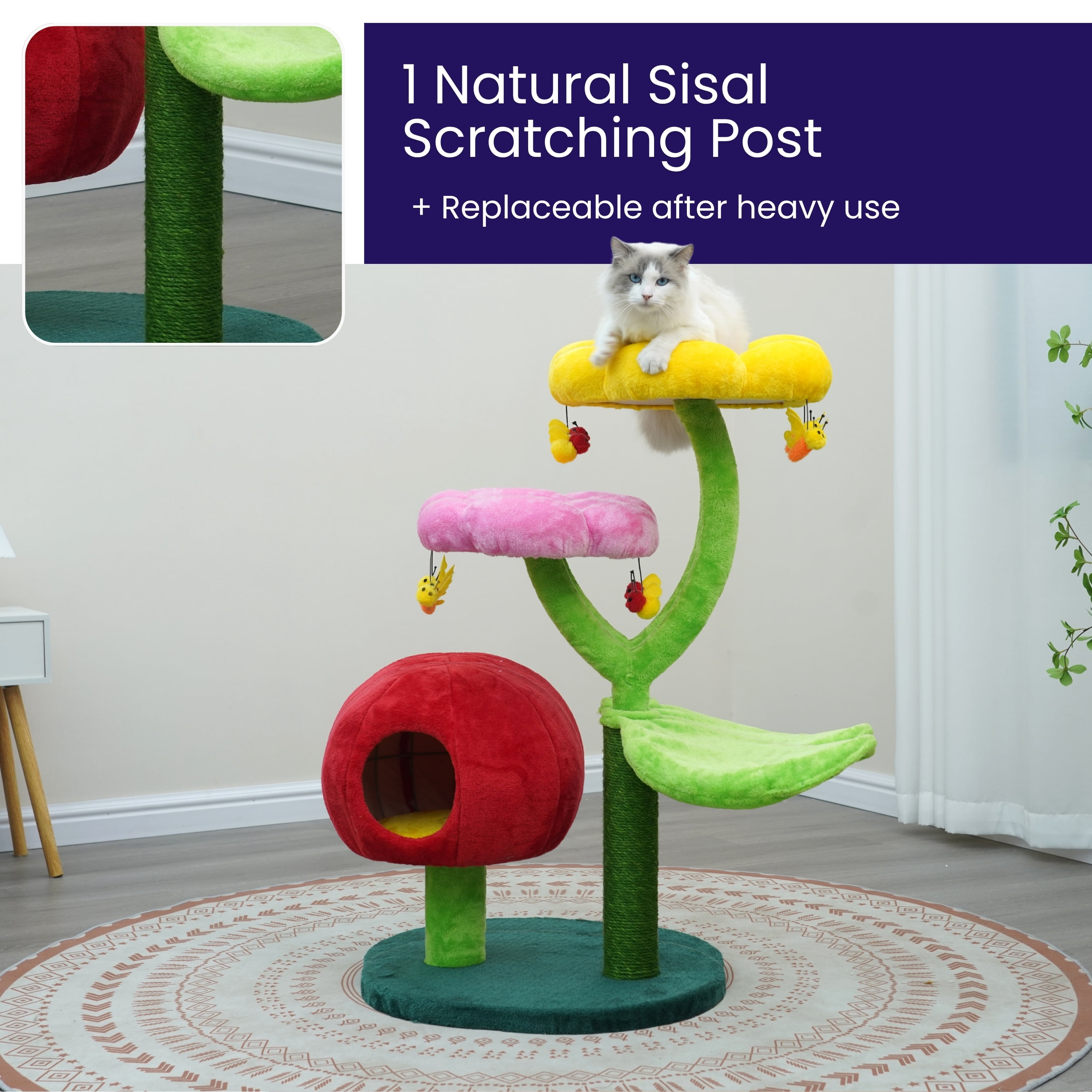 Catry Mushroom Flower Cat Tree with Hammock, Replaceable Sisal Scratching Post, Fruit Hideaway Condo