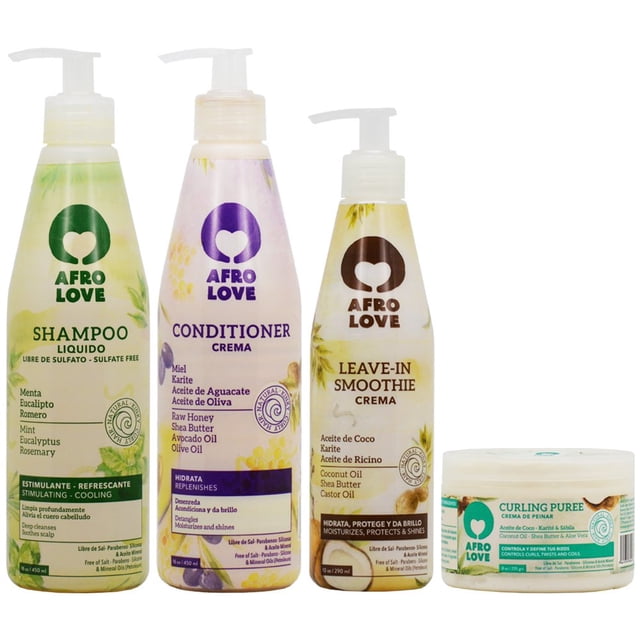Afro & Love Champú 16 onzas Acondicionador 16 onzas Licuado sin enjuague 10 onzas y puré rizador 8 onzas Juego