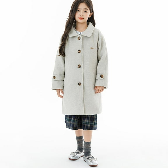 NAISIBABY Girls Winter Overcoat 7T, Classic Lapel Thermal Lined Buttons Mid Length Coat with Pockets Gray (5-15T)