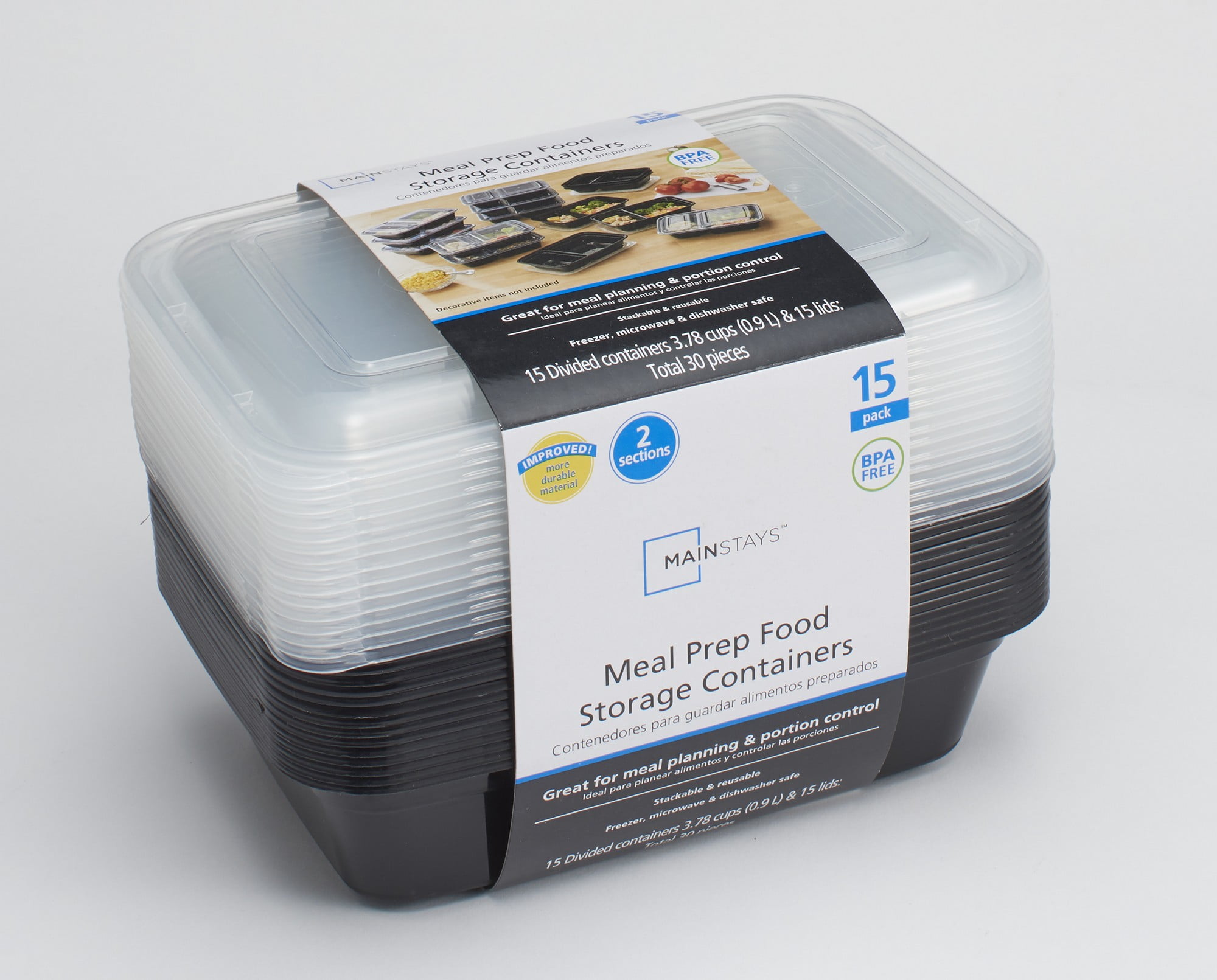 Mainstays 2-Compartment Meal Prep Food Storage Container, 15 Pack