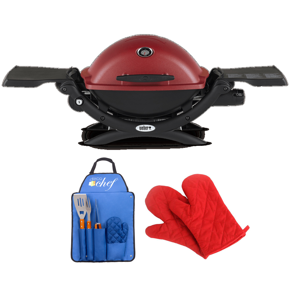 Weber 51040001 Q1200 Liquid Propane Portable Grill Red Bundle with Deco Essentials 3 Piece BBQ Tool Set with Custom Blue Apron, Spatula, Tongs, Fork and Oven Mitt and Pair of Red Oven Mitt - image 1 of 10