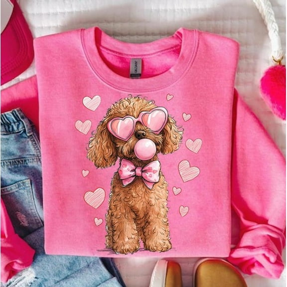 Goldendoodle Valentine Dog Sweater, Pink Coquette Doodle Bubble Dog Lover Mom Sweatshirt