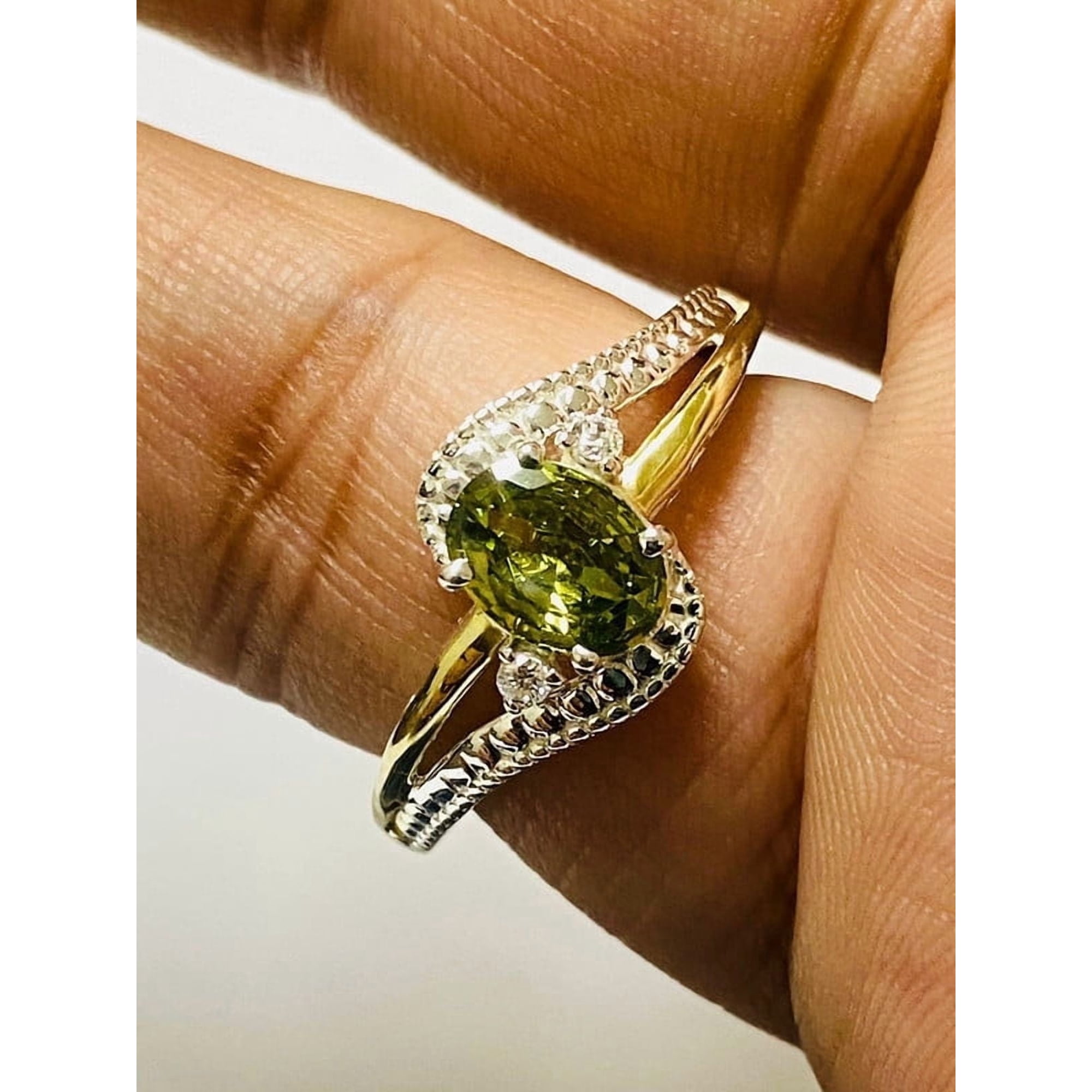 OMRE 925 Sterling Silver and 10K Yellow Gold Genuine Peridot and August Birthstone Ring Women