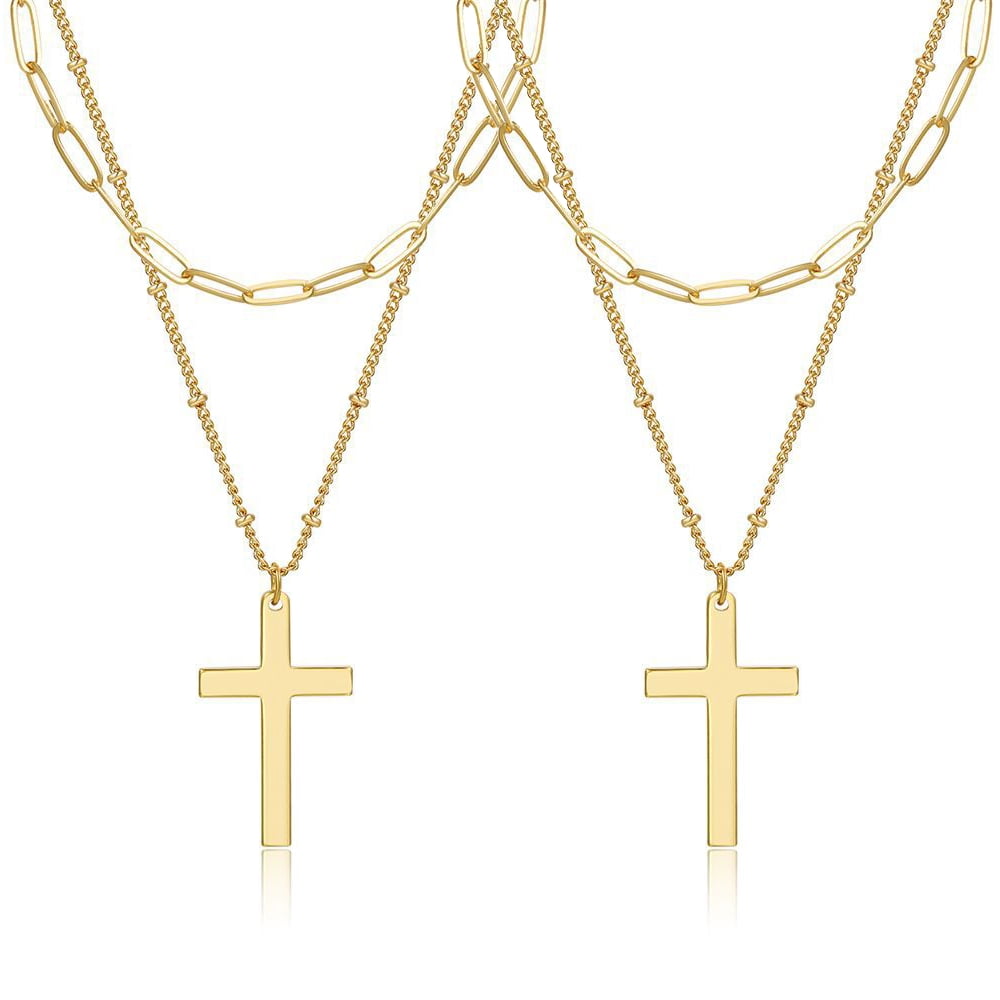 2 Pack Layered Cross Necklace for Men Gold Cross Necklace Layered Chain