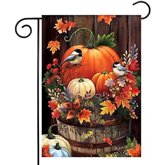 Garden Flags 12x18 Double Sided for Outside,Halloween Pumpkin Yard Flags Garden Decor,Fall Watercolor Bird Small Garden Flag,Yard Decorations for