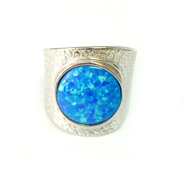 Sterling Silver Rhodium Plated Synthetic Blue Opal Ring, Size 6