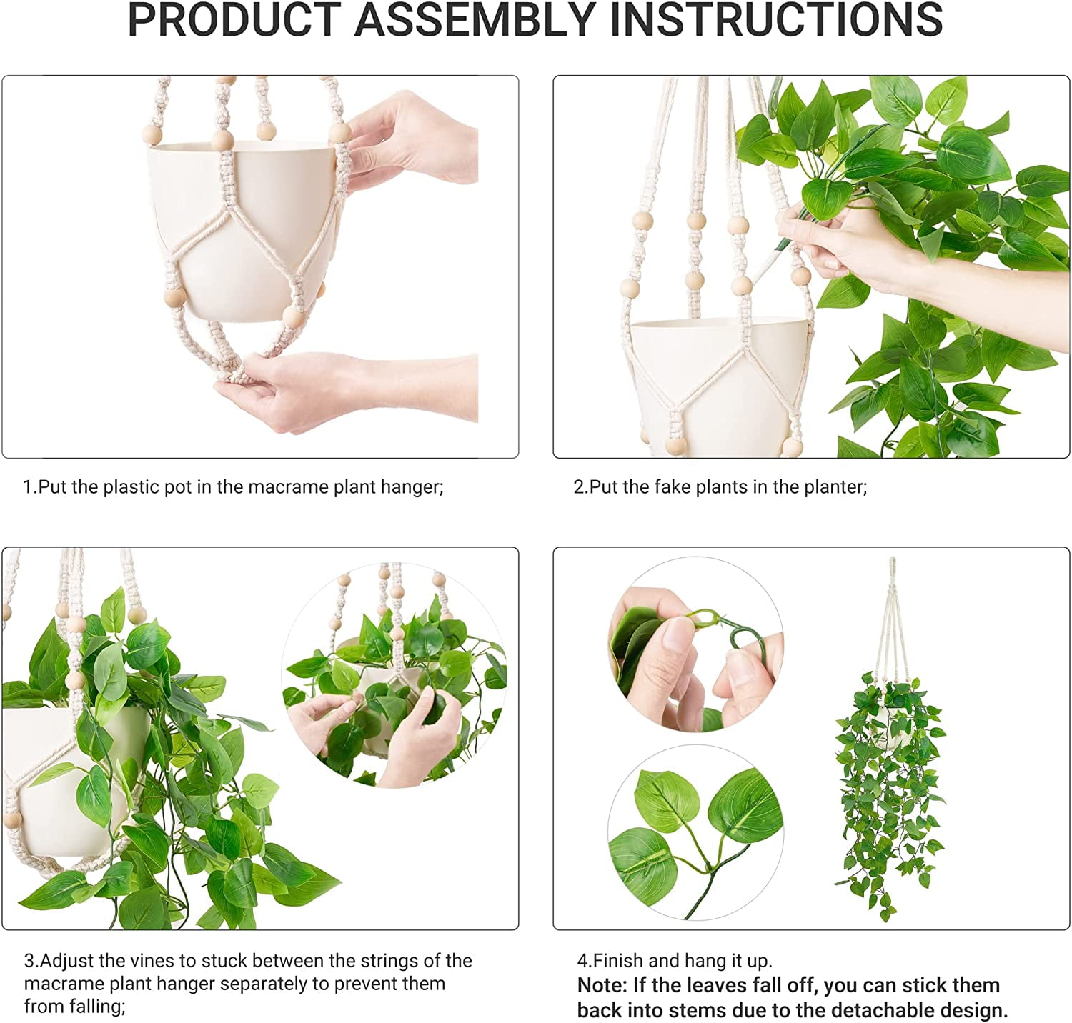 NANAHuang Fake Hanging Plant with Pot, Artificial Plants for Home Decor Indoor Macrame Plant Hanger with Faux Vines Hanging Planter Greenery for Bedroom Bathroom Kitchen Office Decor, Ivory (Pothos)