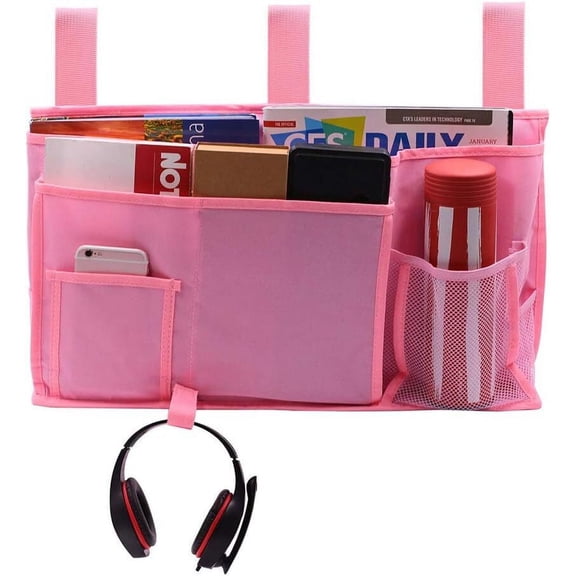Bedside Caddy Hanging Bed Organizer Storage Bag Pocket for Bunk and Hospital Beds, College Dorm Rooms Bed Rails, Camp Chair Armrest 8 Pockets and 1 Hook, (Large, Pink)