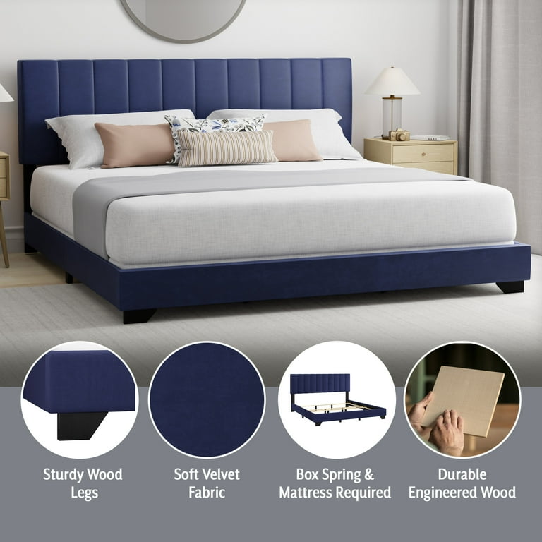 Reece Channel Stitched Upholstered King Bed, Sapphire Blue, by