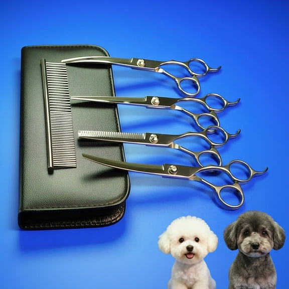 Lemulegu 6-Piece Stainless Steel Curved Tip Grooming Scissors Set for Dogs and Cats with Storage Box