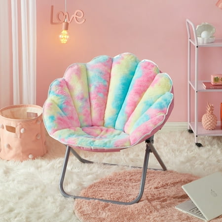 Justice Faux Fur Scallop Saucer™ Chair with Holographic Trim, Rainbow Tie Dye Pink