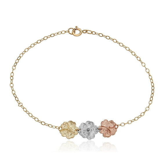 AVORA 10K 3-Tone Gold Triple Flower with Simulated Diamond CZ Bracelet : 6"