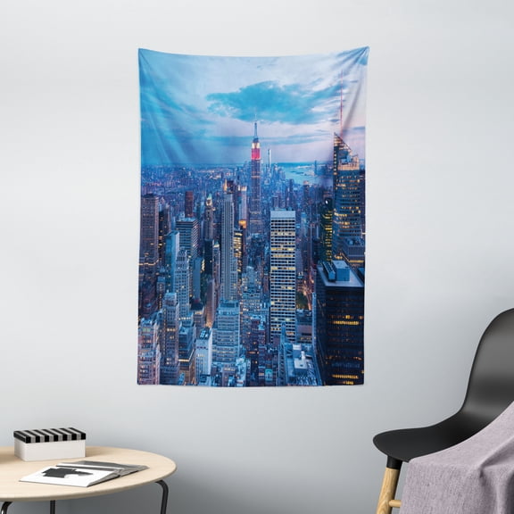 New York Tapestry, Aerial Night View of NYC with Dusk Sky Cloudy Sunset in City Fashion Capital Art Photo, Wall Hanging for Bedroom Living Room Dorm Decor, 40W X 60L Inches, Blue, by Ambesonne