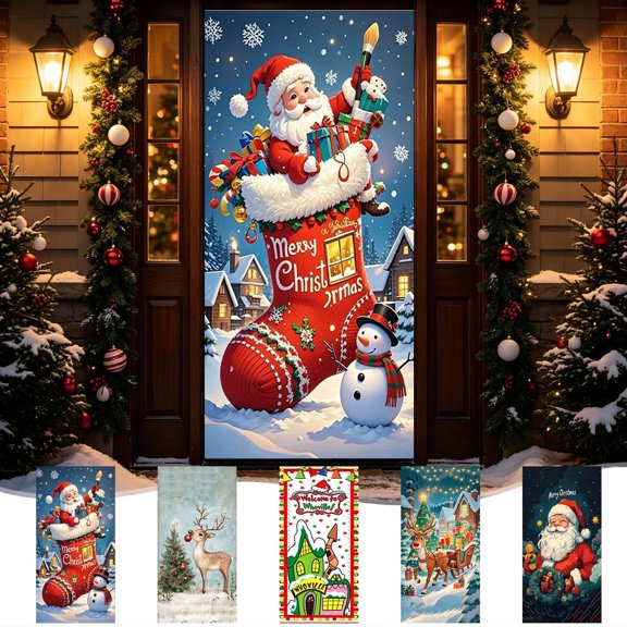 Yyuenw Christmas Door Tapestry Xmas Front Door Hanging Decor Holiday Party Cloth Door Curtain For Home Front Door Bedroom Wall Indoor Xmas