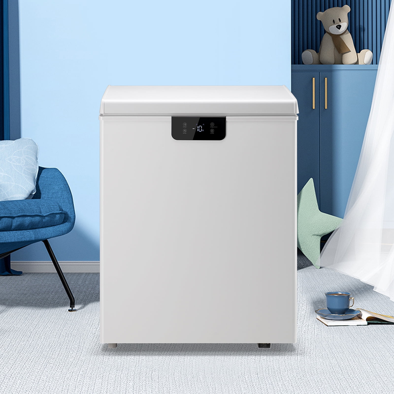 4.4 Cu.ft Chest Mini Freezer with Digital LED Thermostat Deep Freezer for Bulk Storage Top Open Door 2 Removable Baskets Small Freezer with Wheels for Home Apartment Kitchen White