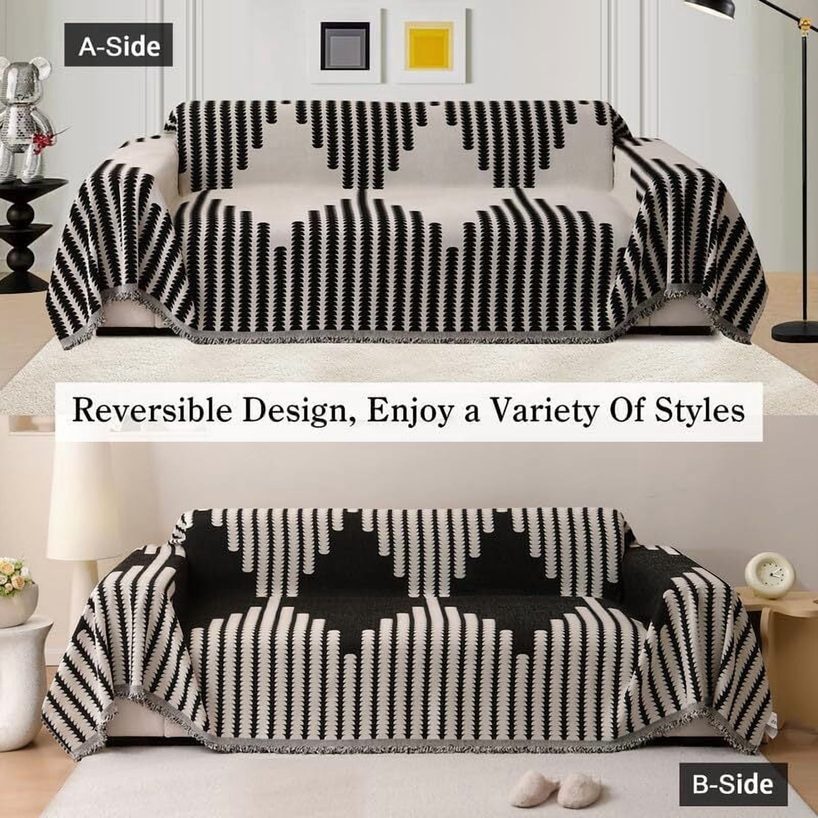 Eurhowing Boho Couch Cover for 4 Cushion Couch, Chenille Sofa Cover Blanket with a Pillowcase, Anti-Slip Tassel Sofa Slipcover for Pet, (71'' x 149'', Black)
