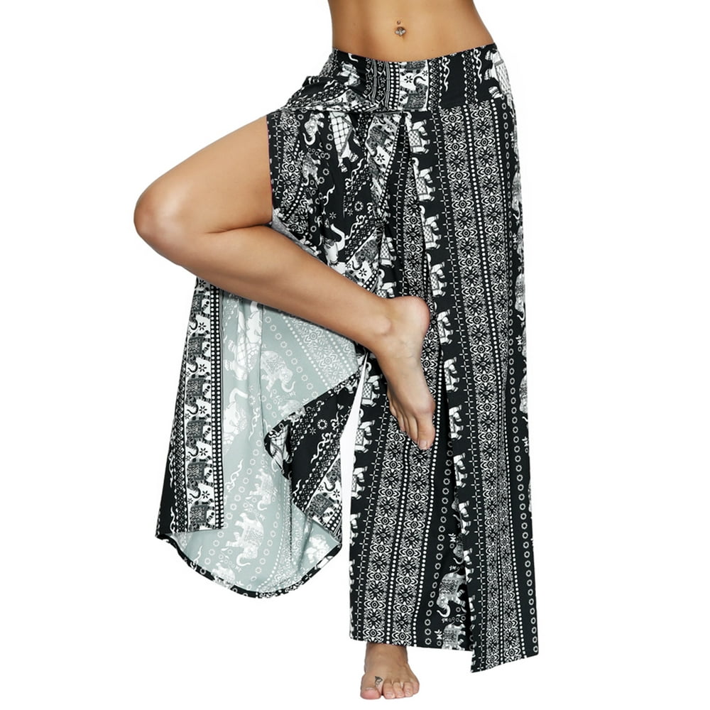 TOP SHE Women's Summer Fashion Wide Leg Flowy Pants Palazzo Slit Yoga