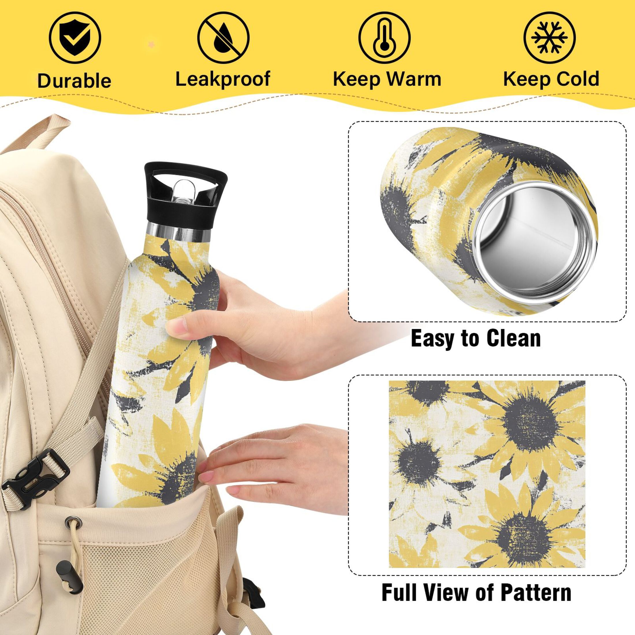 Kids Insulated Stainless Steel Sports Water Bottle 600ml (20oz) Yellow and White Sunflower