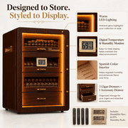 Marvero Desktop Cigar Humidor with Glass Door, 200 Count, Walnut Finish, LED Light, Digital Hygrometer, Cedar Drawers
