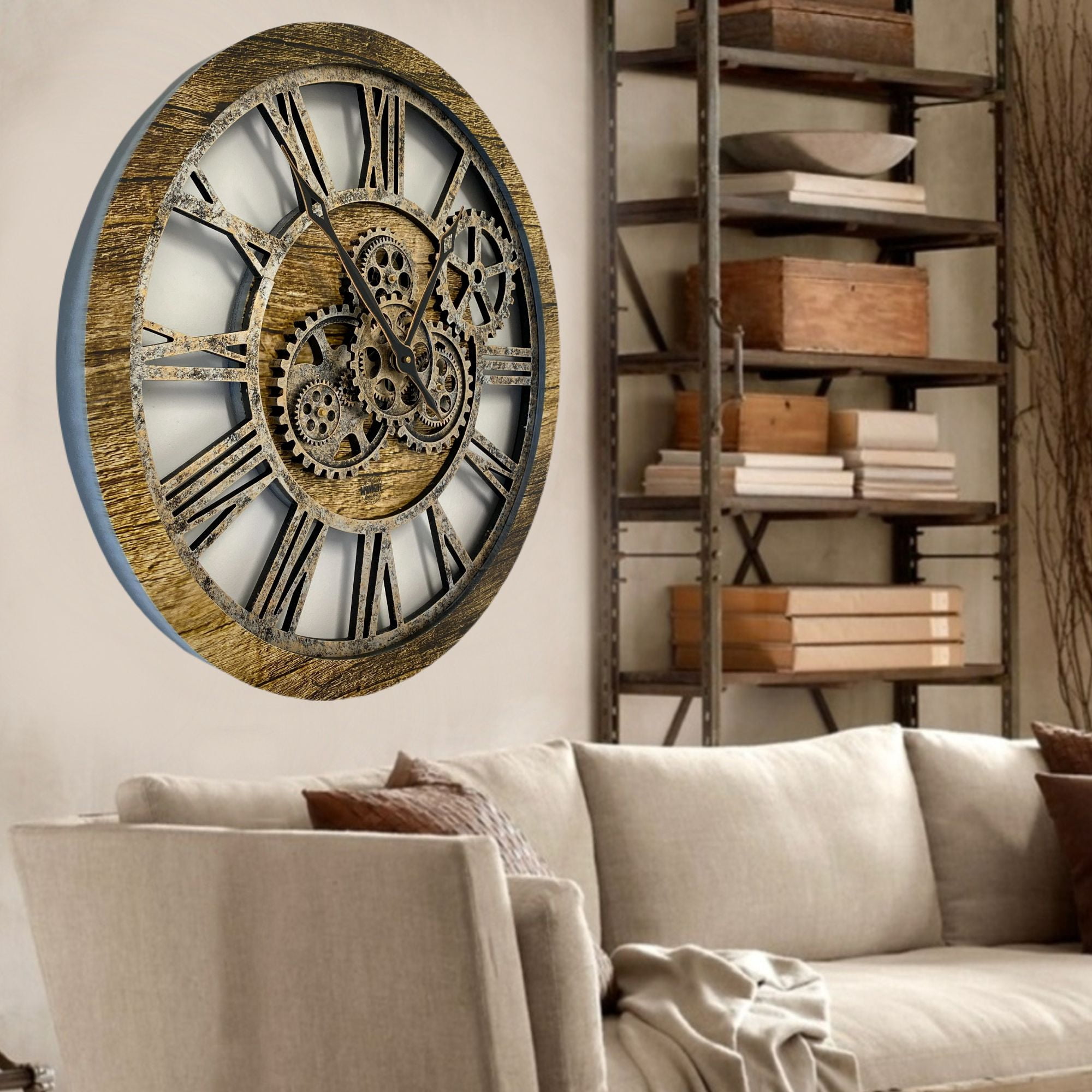 THE GEARS CLOCK Wall Clock with Real Moving Gears AM-LI_ 24 in Round Gold-Antique