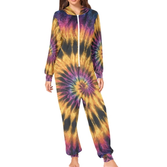 Mixture Color Spiral Tie Dye Adult's Hoodie Onesie Jumpsuit One-Piece Pajamas with Zipper Unisex for Holiday S