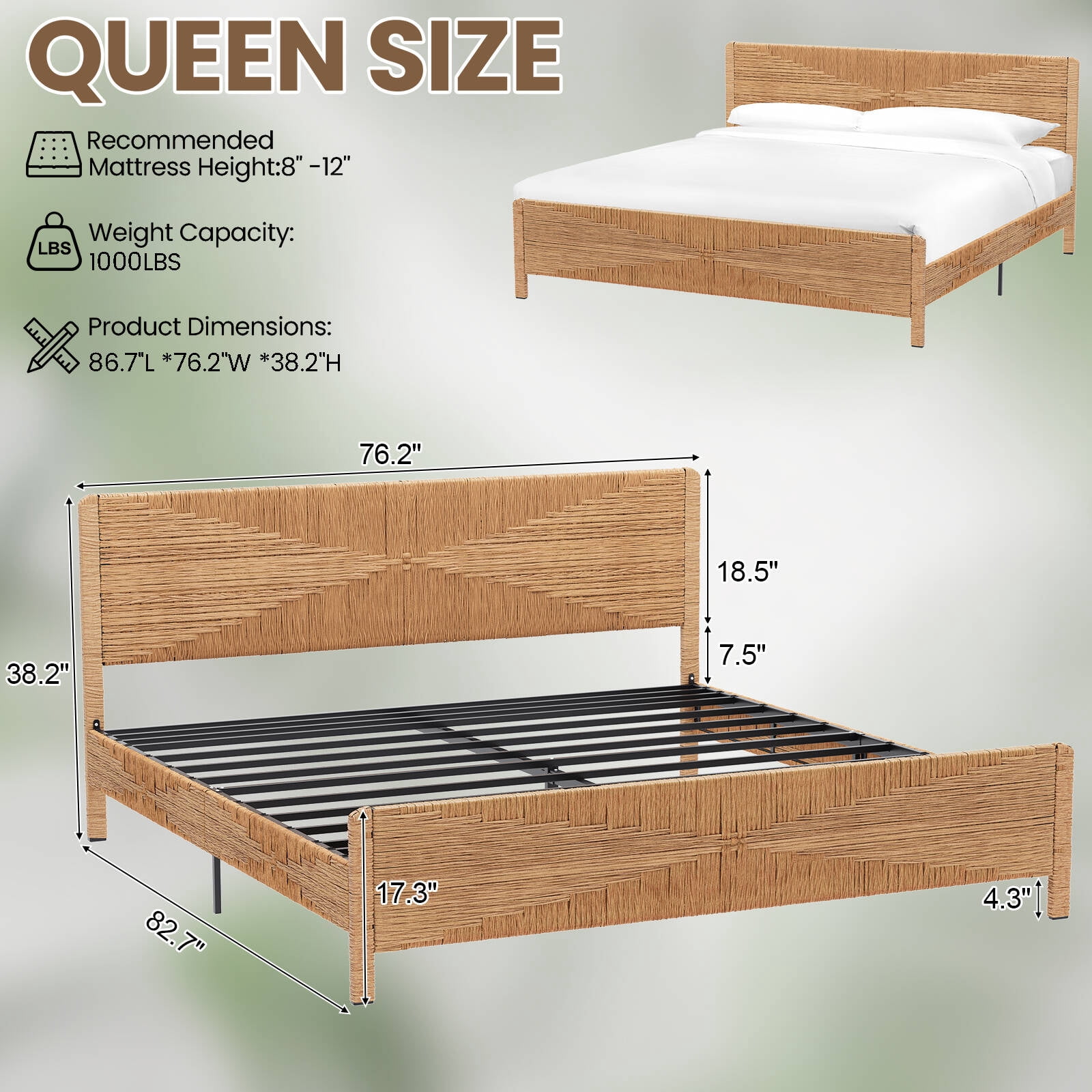 Brafabhome Bohemian King Bed Frame with Hand-Woven PE Rattan Headboard and Footboard, No Box Spring Needed, 1000lbs