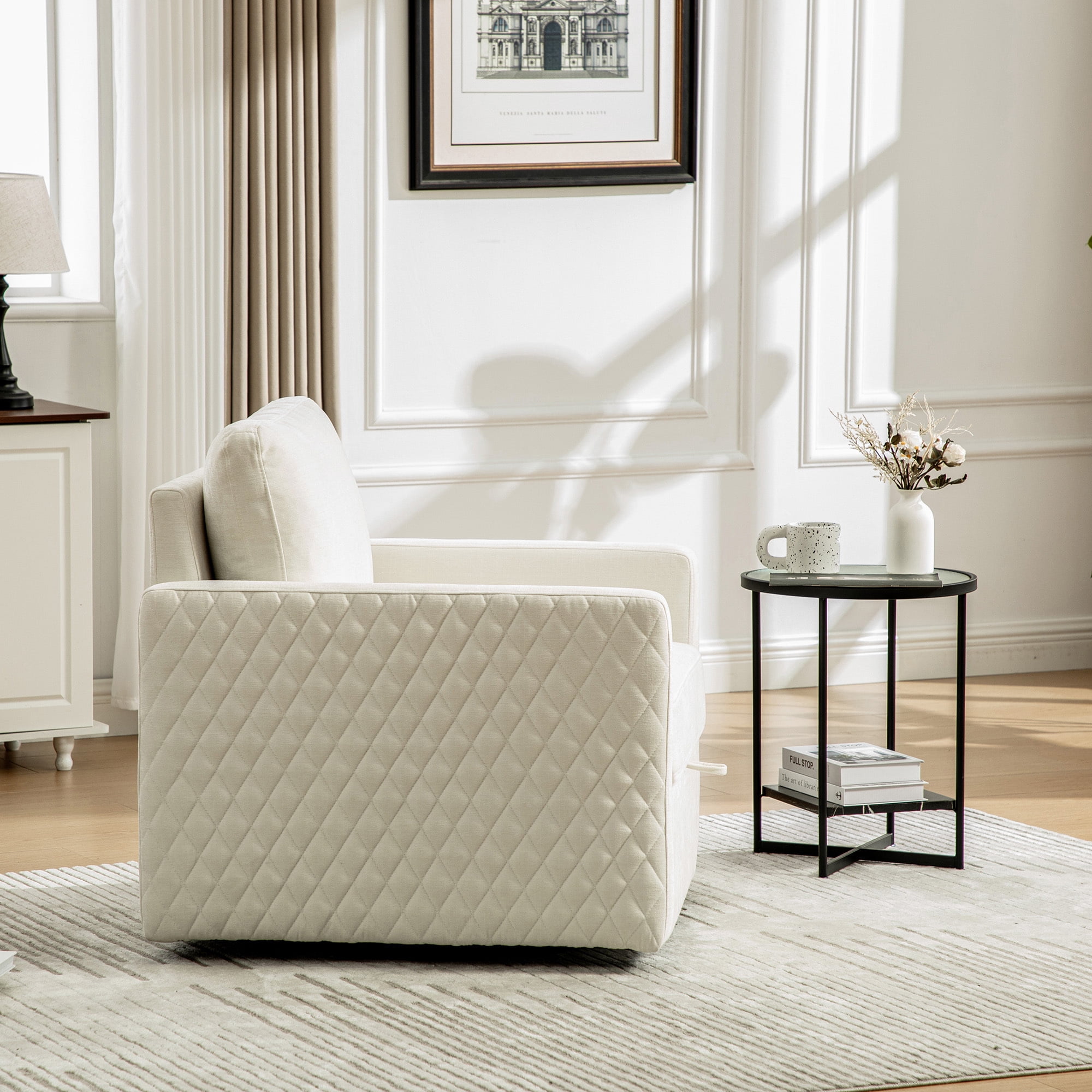Leumius 360° Swivel Armchair with Hidden Storage, Comfy Diamond-Shape Tufted Armrests Accent Square Club Chair Single Sofa with Pillow for Living Room Bedroom Reading Nook Beige