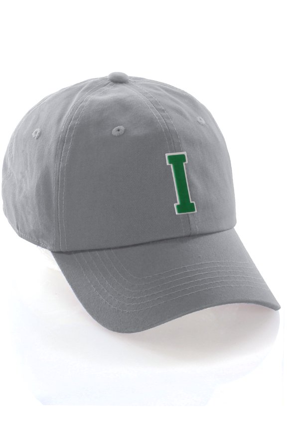 Custom Hat A to Z Initial Letters Classic Baseball Cap, Light Grey White Green Letter I