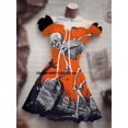 thumbnail image 2 of Disfraz de calavera con mangas abullonadas y cordón, vestido informal de una pieza de terror, disfraz de Halloween con sonrisa, falda corta, ropa hawaiana bohemia, 2 of 5