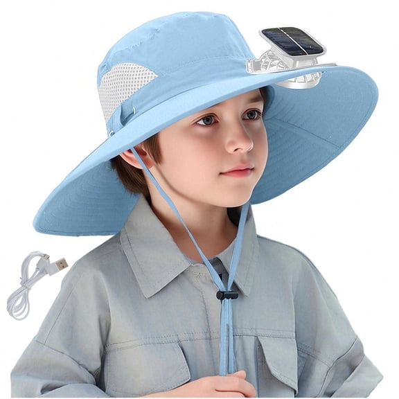 SAWOBUUN Kids Solar Fan Hat Boy Girl Wide Brim UV Protection Sun Hat USB and Solar Powered Fan Hat