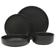 Gibson Soho Lounge Pasco 16 Piece (Service for 4) Plates and Bowls Double Bowl Reactive Glaze Dishes Stoneware Ceramic Dinnerware Set - Black