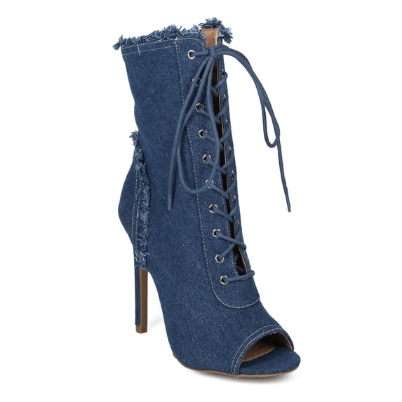 New Women Wild Diva Carmela-24 Frayed Denim Peep Toe Lace Up Stiletto Ankle Boot