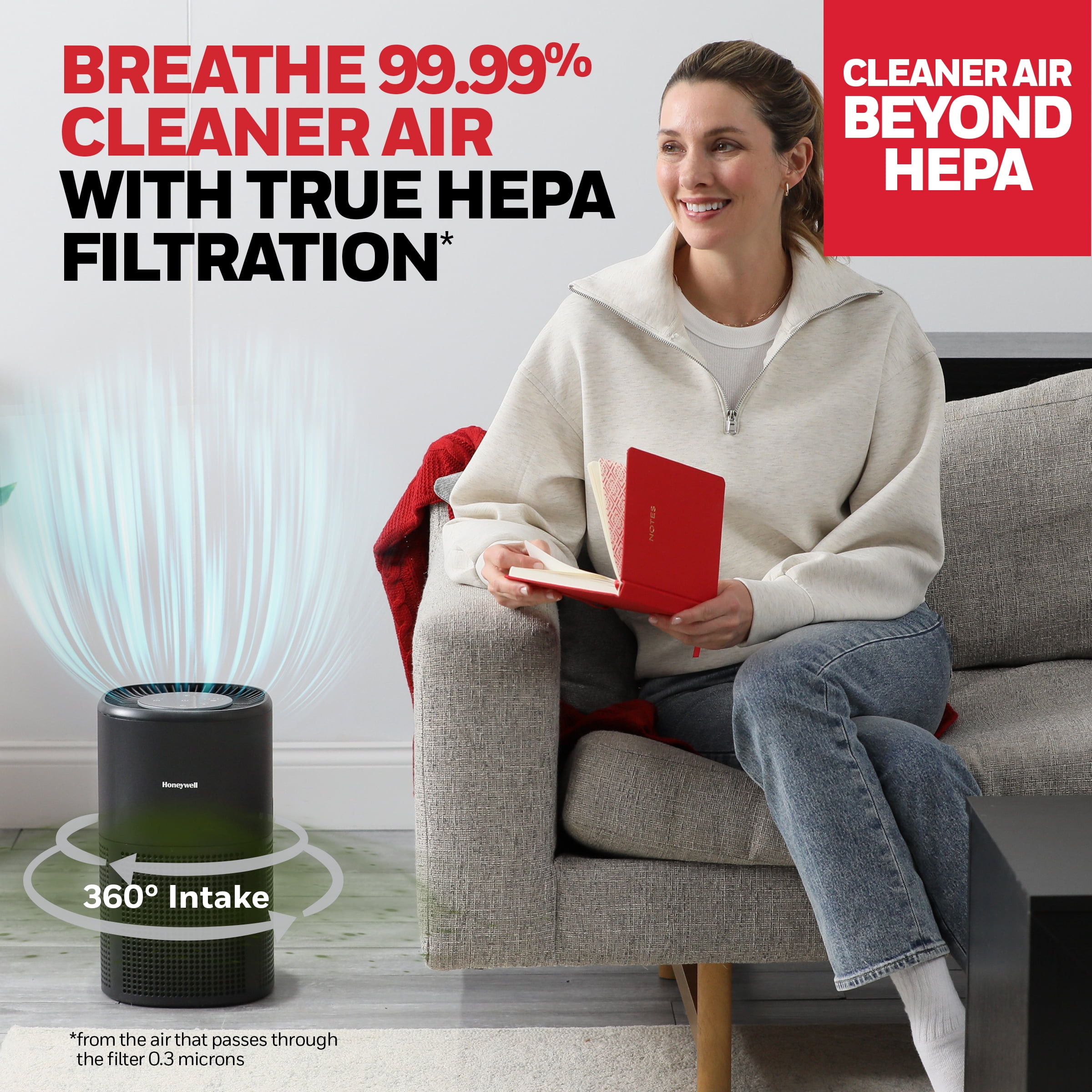Honeywell Allergen Plus 1080 Sq. Ft 4-in-1 HEPA Air Purifier, Auto Mode Reduces Pet Dander, Smoke & Odors, Black