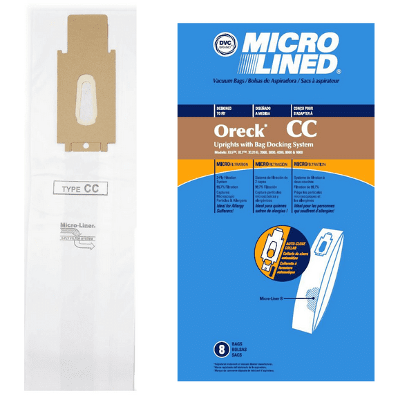 DVC Micro-Lined Paper Replacement Bags Style CC Fit Oreck Upright Models XL7, XL21, 2000, 3000, 4000, 8000, 9000 Series - 8 Bags