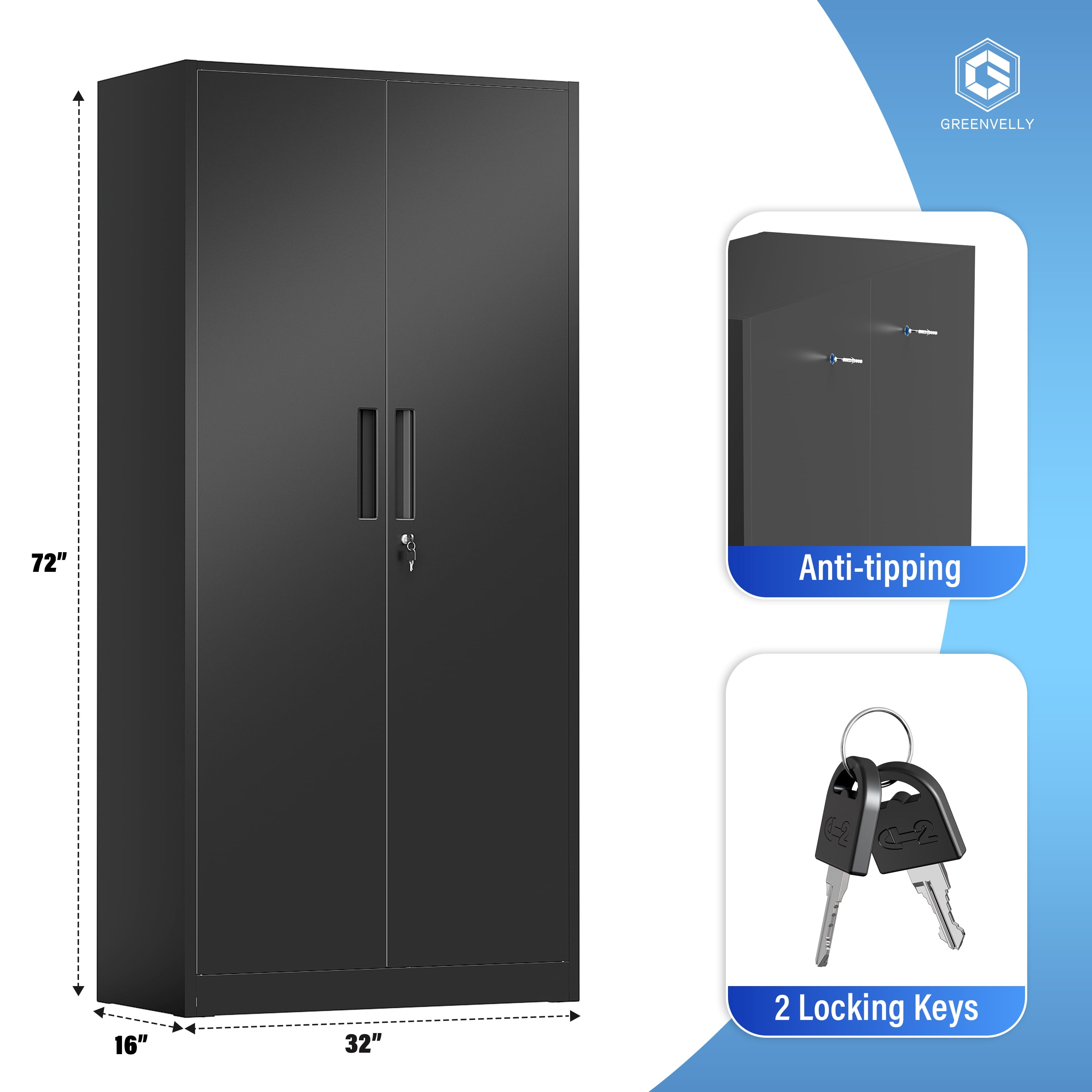 SUNCROWN 71 In Metal Storage Garage Cabinets with Locking Doors and Adjustable Shelves, Steel Storage Cabinet for Garage, Office, Classroom, Assemble Required(Black)