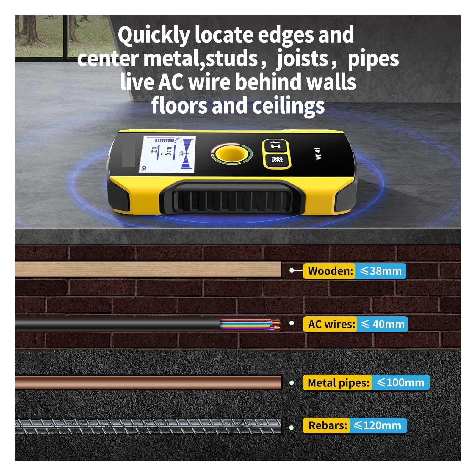 Metal Detector Wall Scanner With Newly Designed Positioning Hole For AC Live Cable Wires Metal Wood Stud Find ,Accurate and Quick