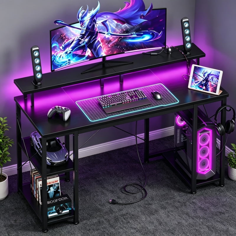 Betcozy 48" Gaming Desk with LED Lights and Power Outlet, Home Office Computer Desk with Full Monitor Stand, Small Writing Workstation with Storage Shelves, CPU Holder and Type-C Port, Black