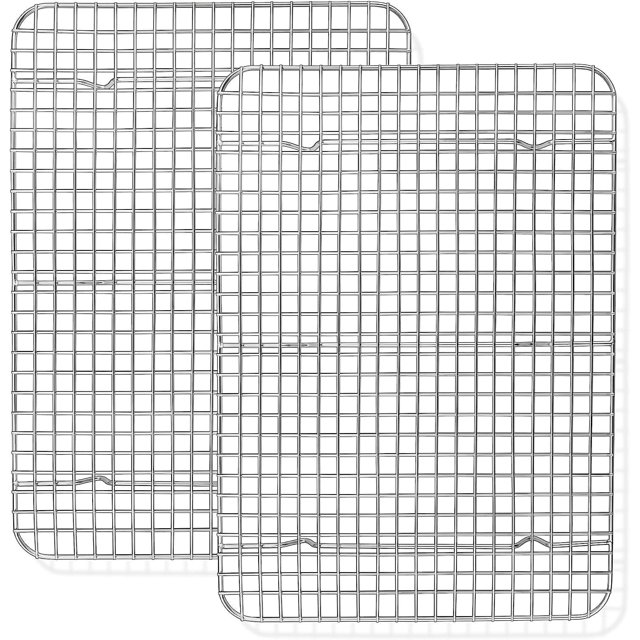 Soro Essentials - Juego de 2 rejillas de alambre cromadas de tamaño completo de 10" x 18" - Rejilla de enfriamiento para hornear. Se adapta a bandejas de pan de tamaño completo. Rejilla para hornear.