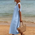 thumbnail image 6 of VBVC Women's Short Sleeve Cotton Linen Midi Dress , Summer Tie Sleeve Dresses For Women,Ladies' Crew Neck Loose Dress with Pockets,Light Blue,S-3XL, 6 of 8
