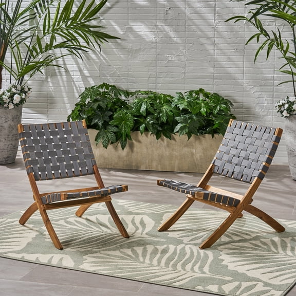Patio Seating, HUNTSVILLE FOLDABLE CHAIR SET OF 2, Black Brown Outdoor Seating,Acacia Wood Garden Seating,