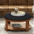 thumbnail image 2 of CQSXDA Round Ottoman Coffee Table Upholstered In Waterproof Linen With Adjustable Wheels And Two-Tier Wood Storage, Black+Brown, 2 of 17