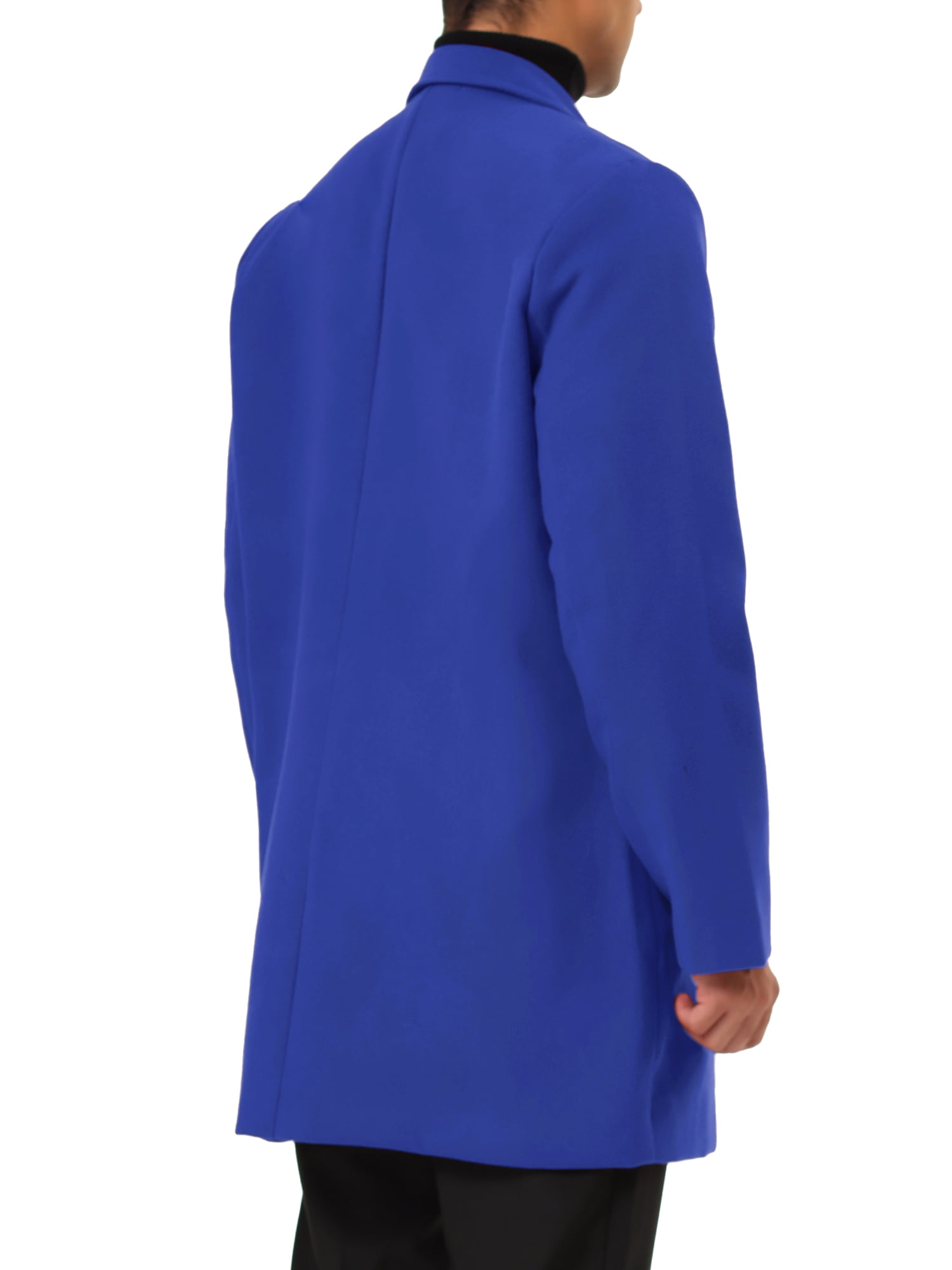 Unique Bargains Men's Slim Fit Notched Lapel Single Breasted Mid Length Overcoat M Blue