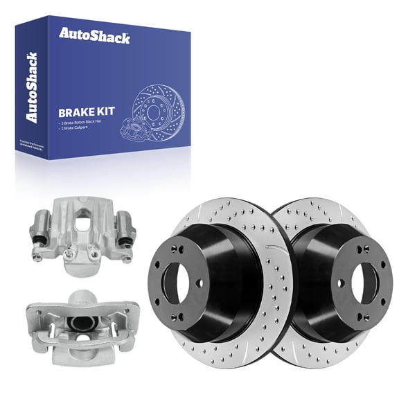 AutoShack Rear Solid Drilled & Slotted E-Coated Brake Rotors   Calipers 4-PC Brake Kit Replacement for 2011-2013 Kia Sorento 2010-2012 Hyundai Santa Fe ShadowGuard 11.89" (302 mm)