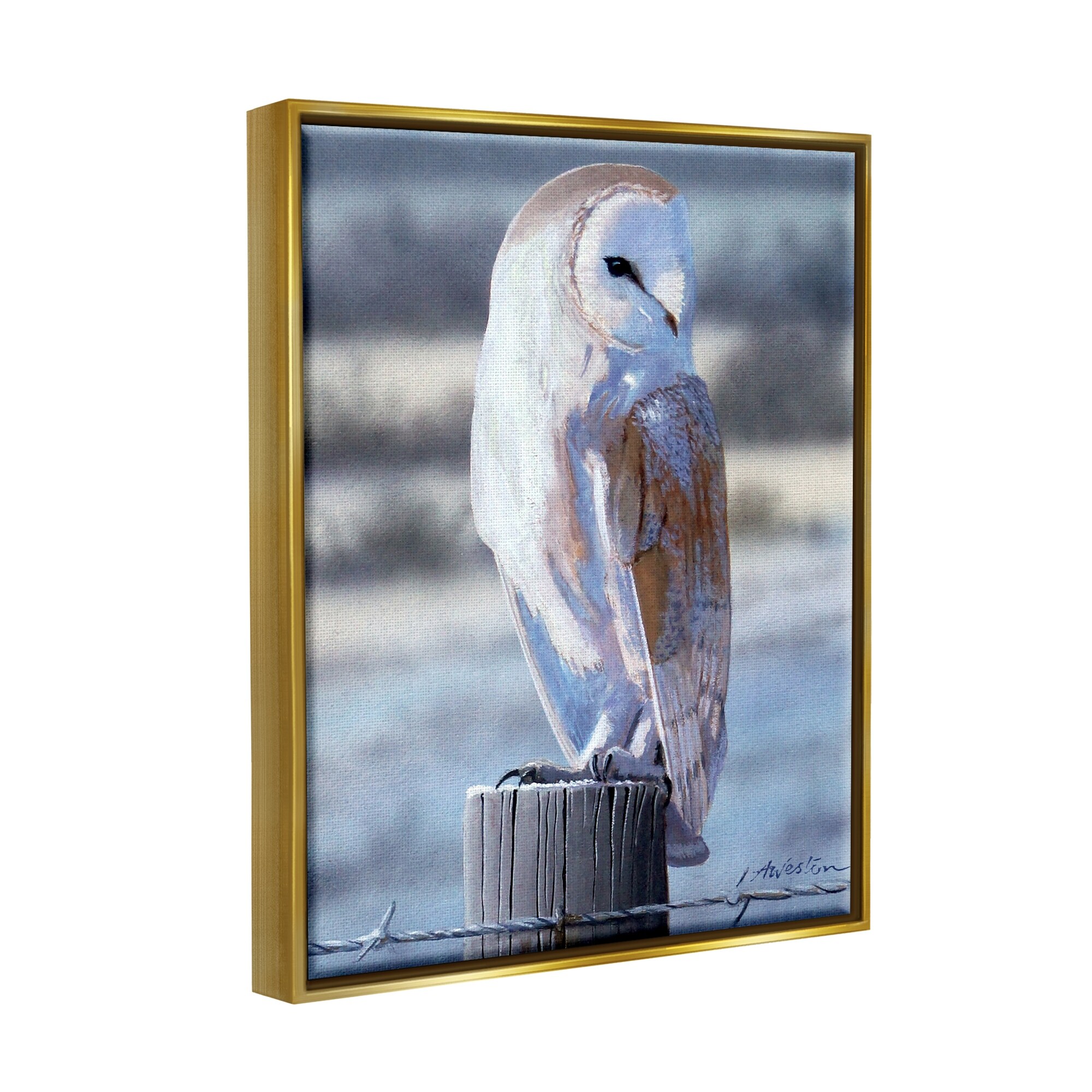 Stupell Industries Serene Barn Owl Perched Snow Dusted Fence Photograph Metallic Gold Floating Framed Canvas Print Wall Art, Design by Alan Weston