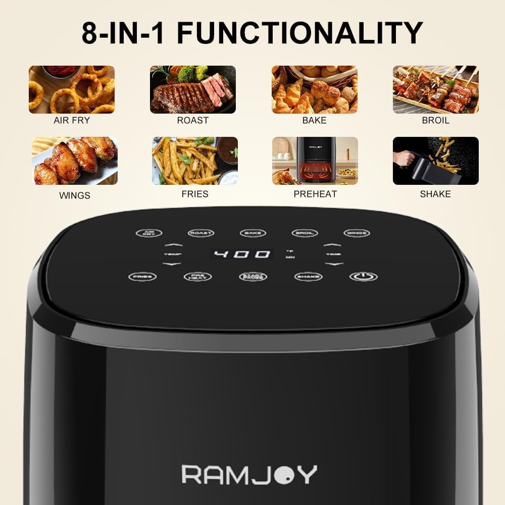 Air Fryer 3.8 Quarts for 1-2 people, 8-in-1 Functions, Air Fry, Roast, Bake, Broil, Preheat, Shake, Digital Small Air Fryer, Nonstick Dishwasher-Safe Basket, Compact Air Fryers, Black